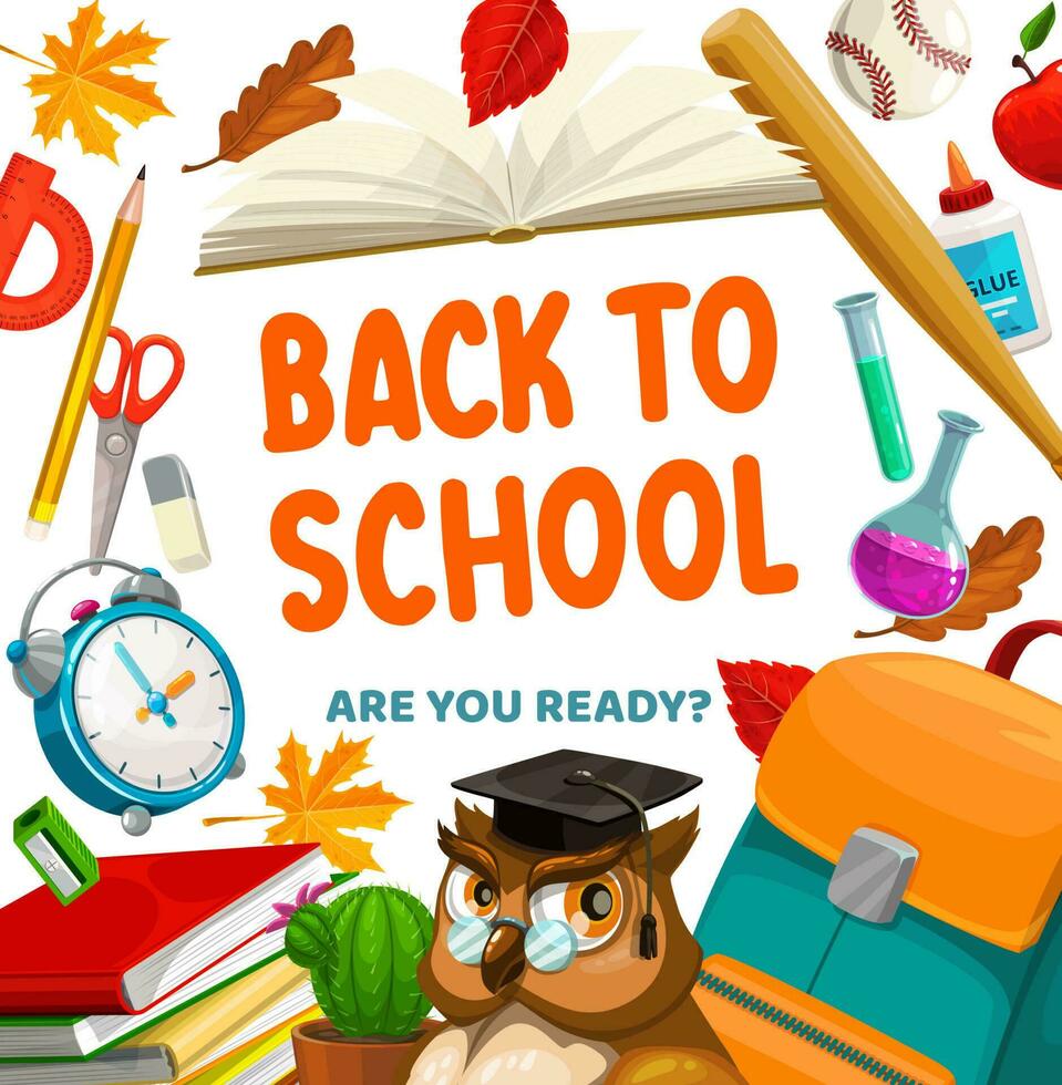 Back to School, owl and student lessons stationery vector