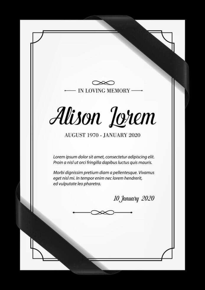 Funeral card vector template with black frame