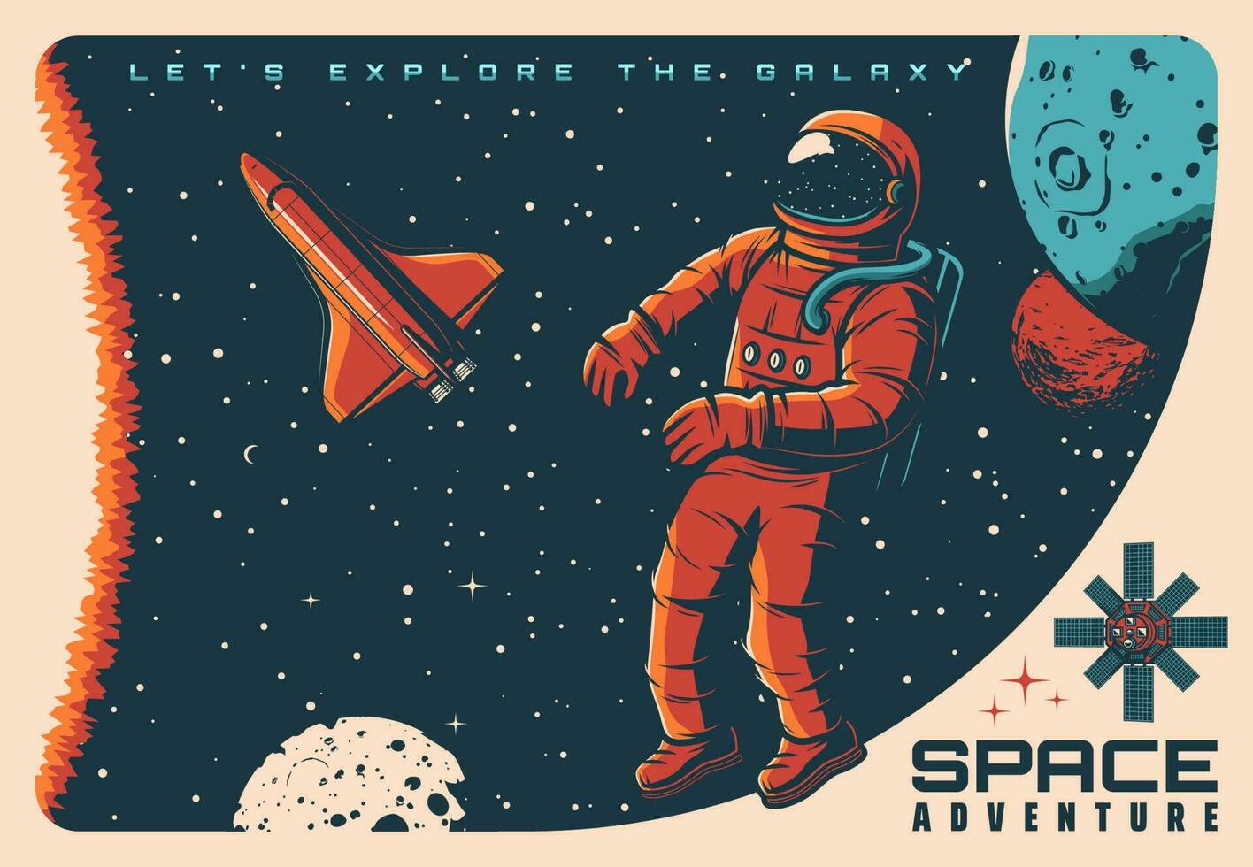 Space adventure, spaceman and planets retro poster vector