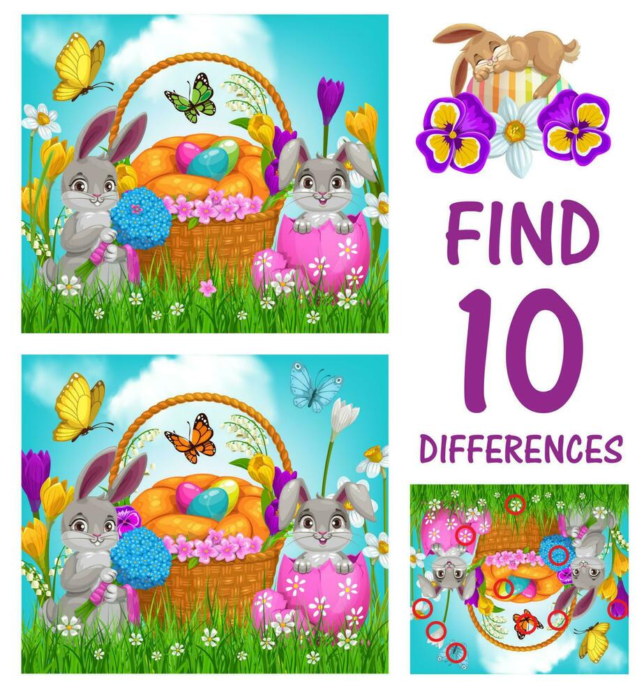 Kids game of find ten differences with Easter eggs vector