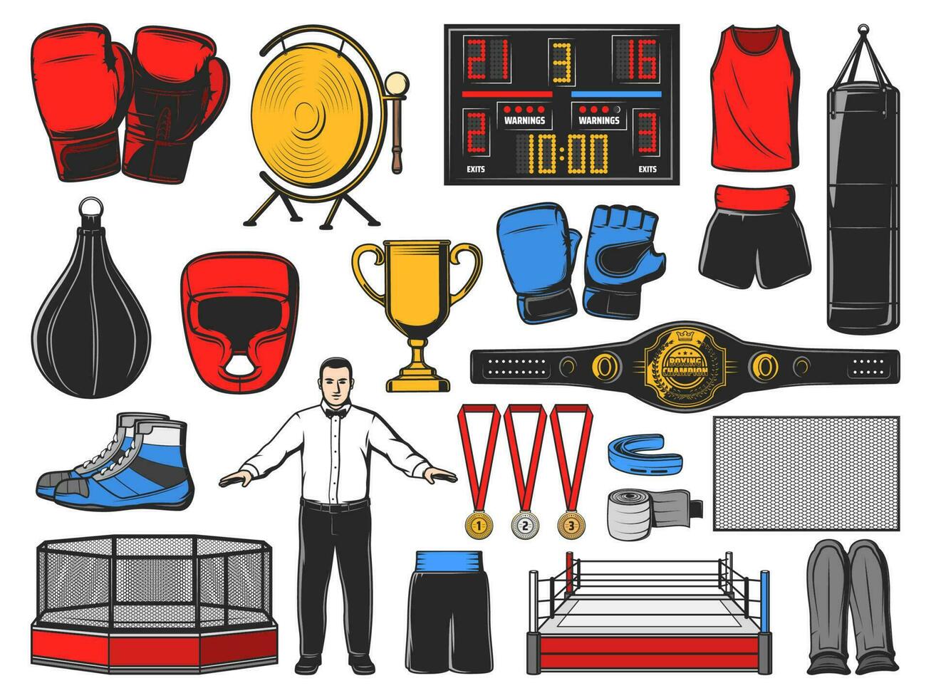 Boxing icons of kickboxing or MMA fight equipment vector