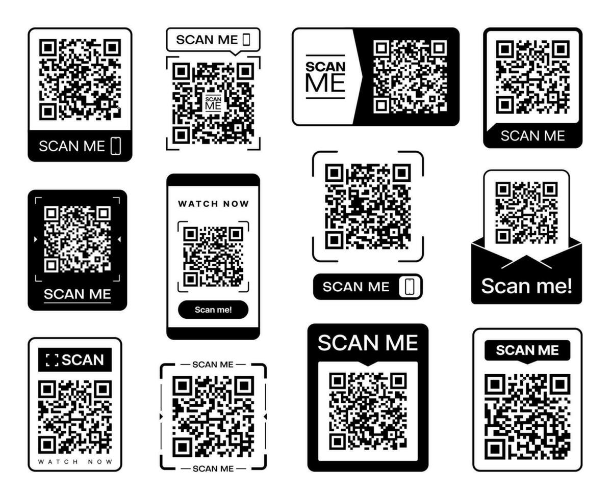 Scan me QR code stickers for phone barcode scanner vector