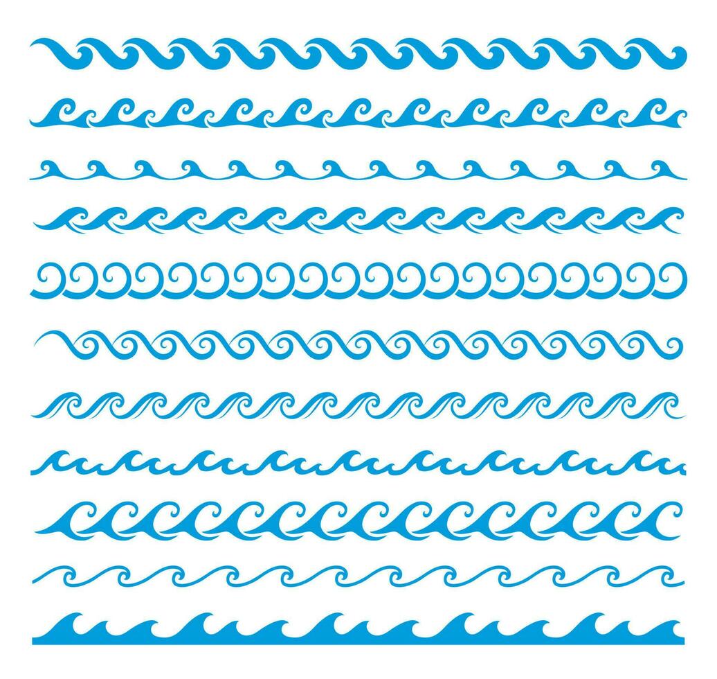 Sea and ocean wave line, borders, frames, dividers vector
