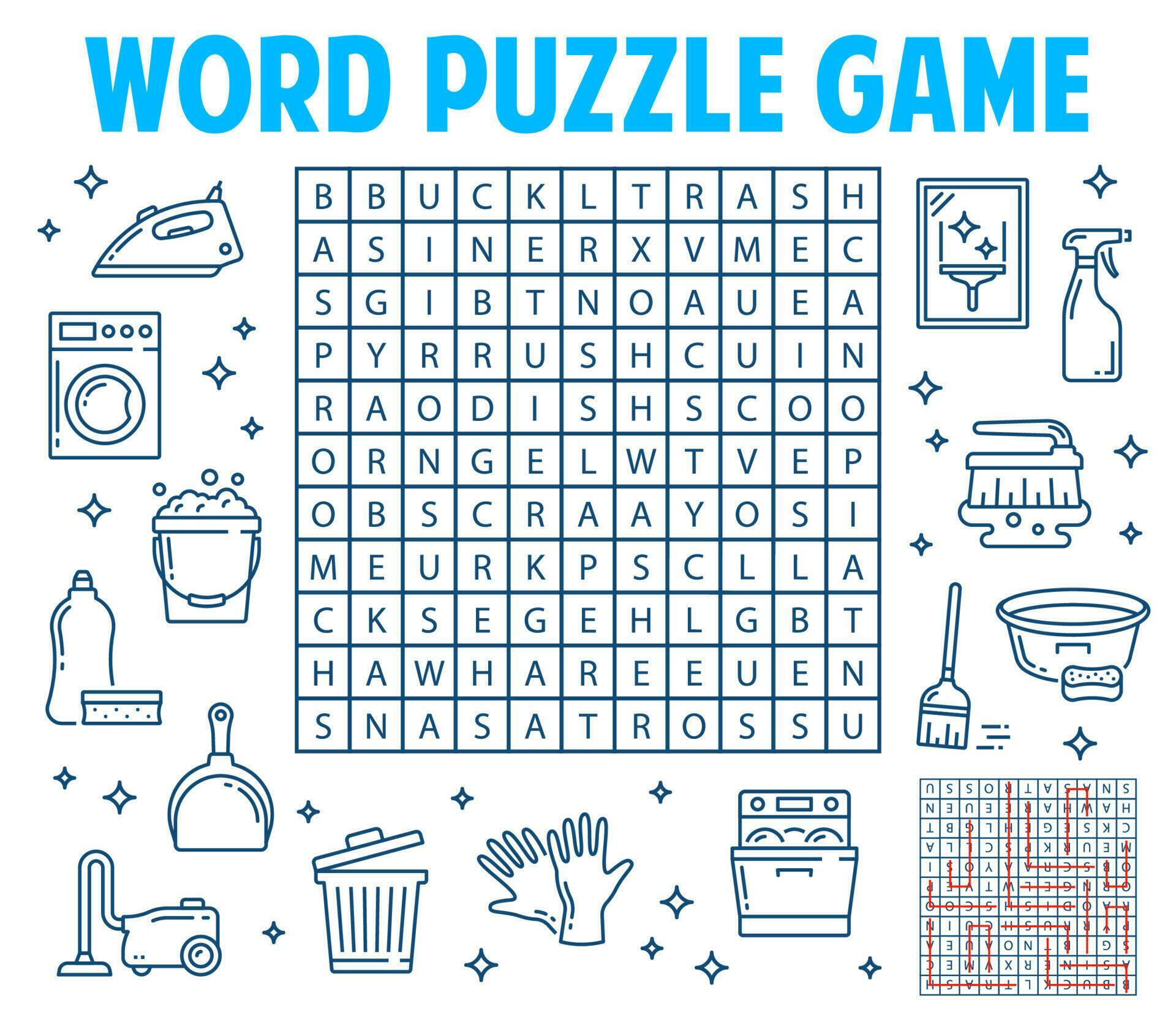 Housing, washing, cleaning tools word search game 23485764 Vector Art