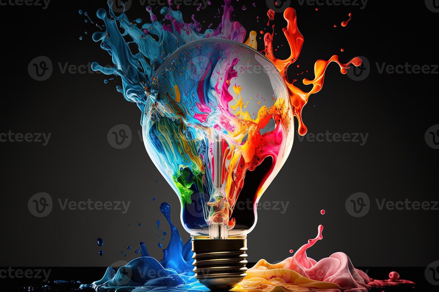 illustration of colorful bulb with splash of colors on black background. Creativity, eureka, imagination, inspiration. . Idea and solution concept photo