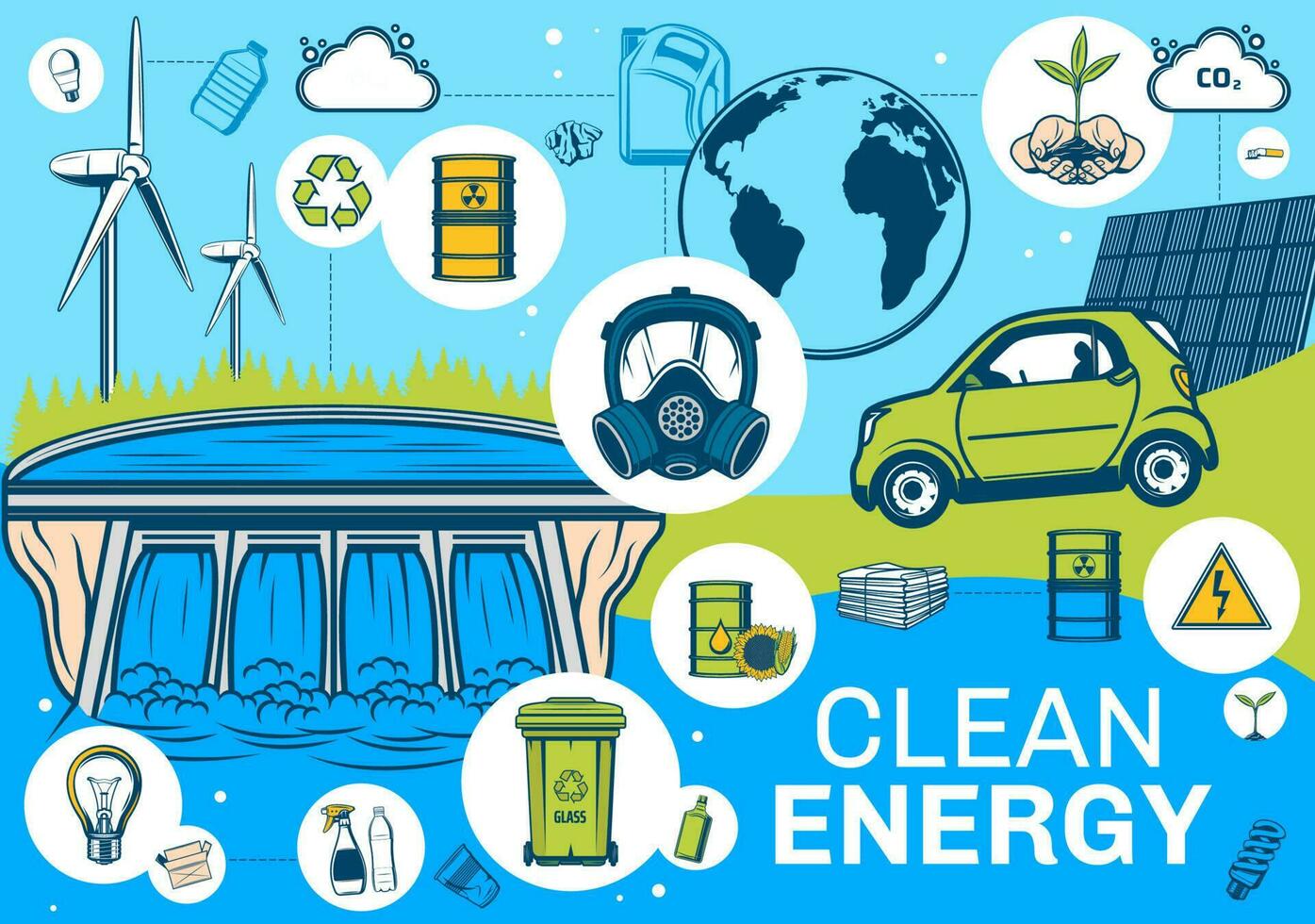 limpiar tierra, alternativa energía fuentes póster vector