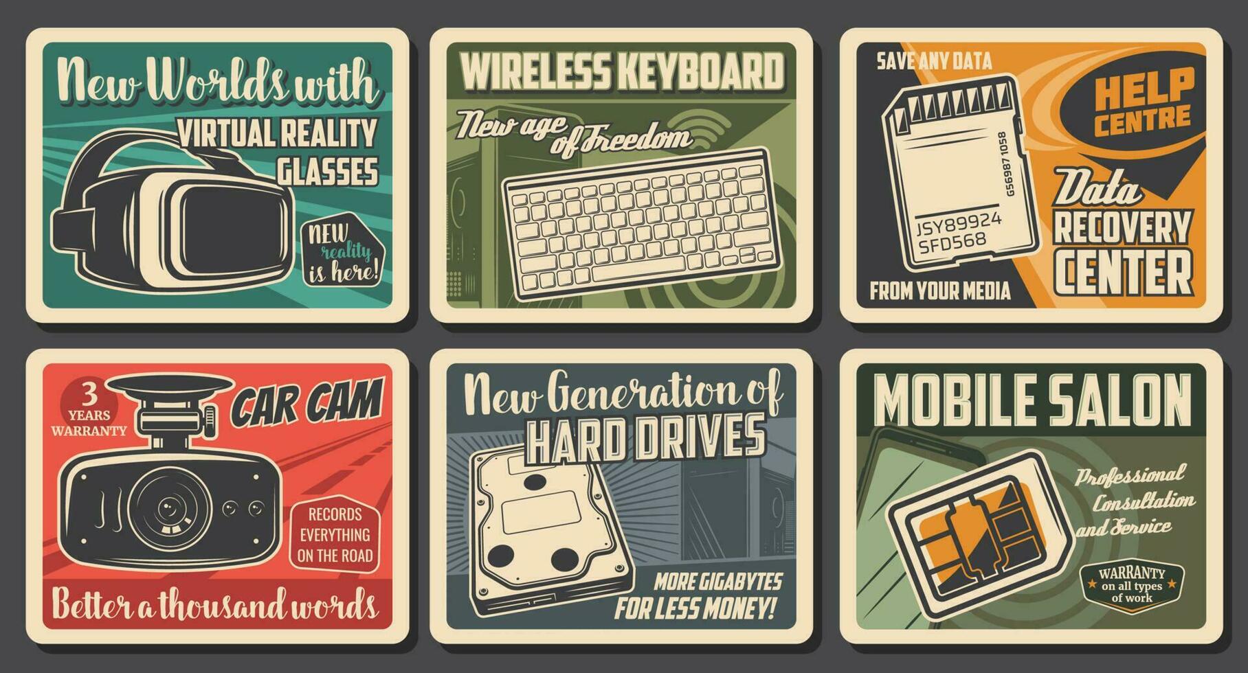 Technology devices, electronics retro posters vector