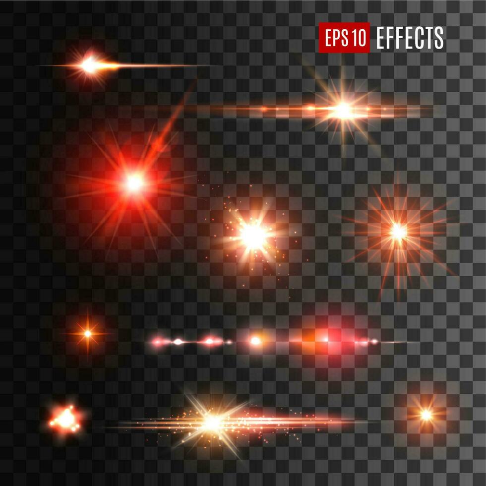 Red shine lights, flare effects and sparkles vector