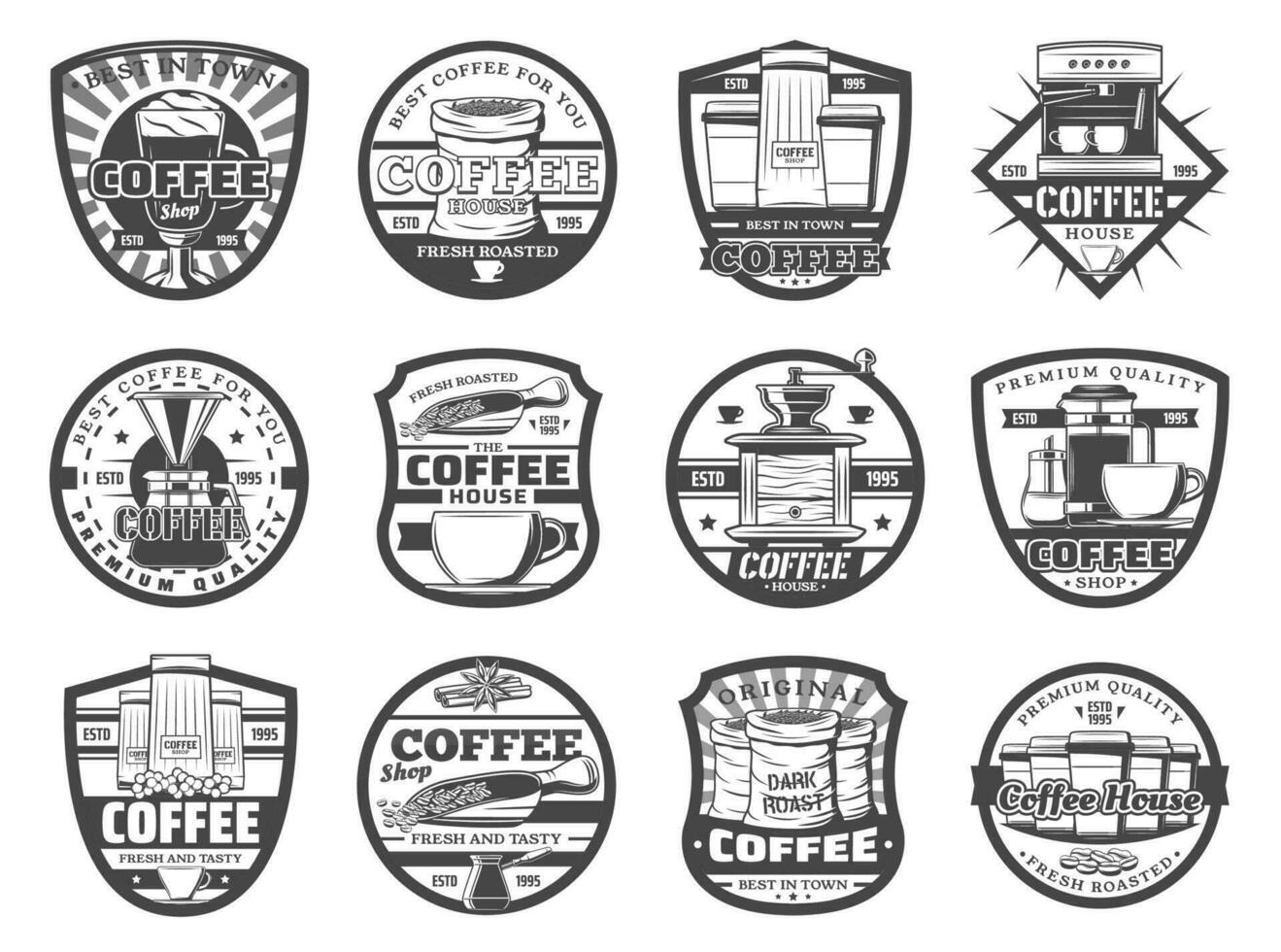 Hot coffee icons, beans and cups vector