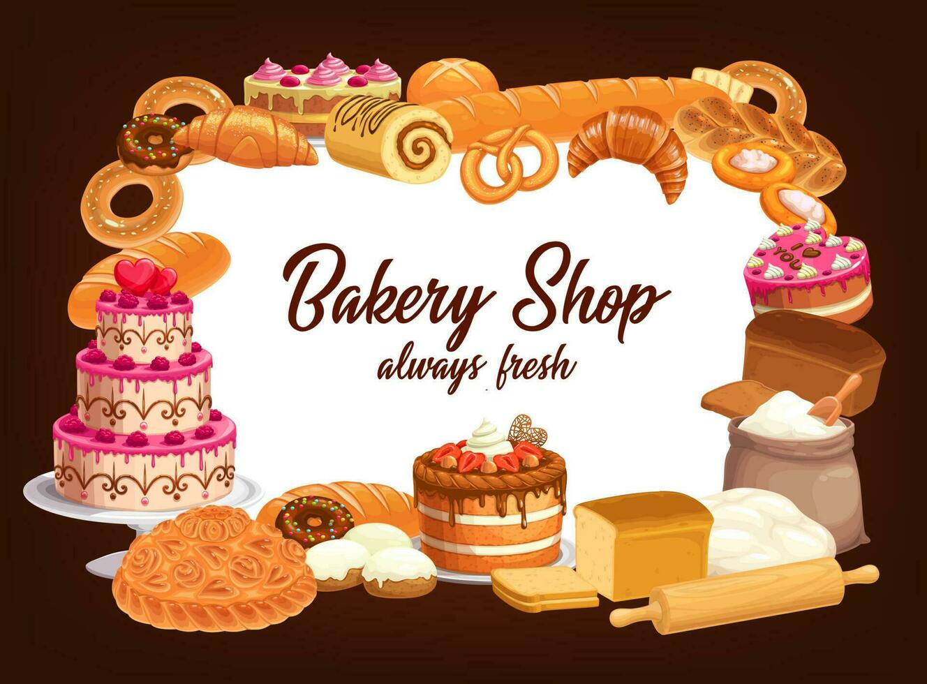 Bakery shop bread, pastry cakes and sweet desserts vector