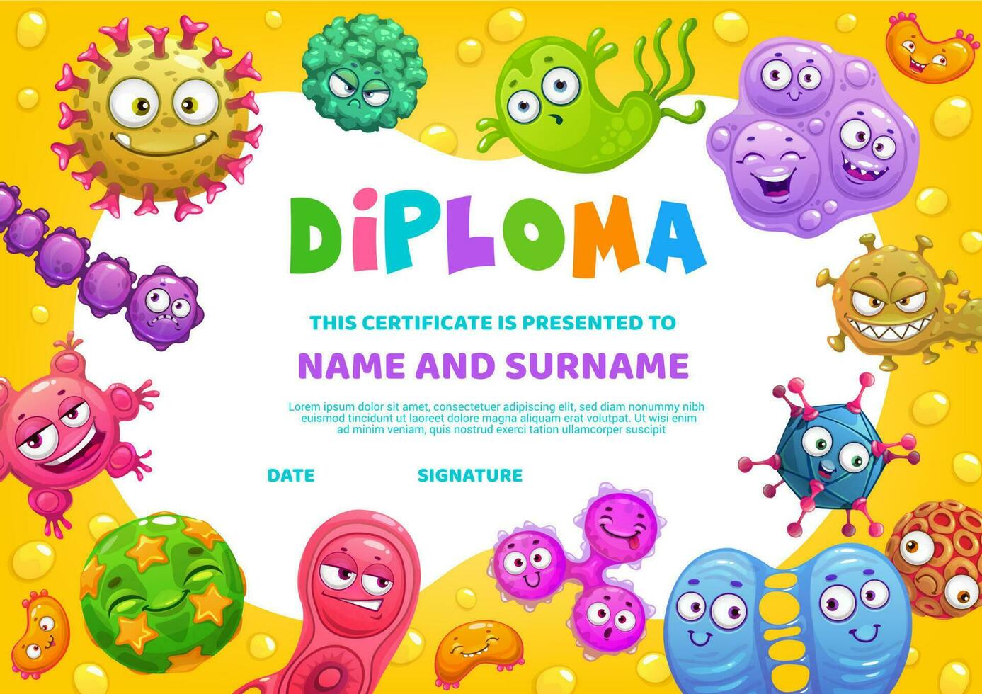 School diploma vector certificate with funny germs