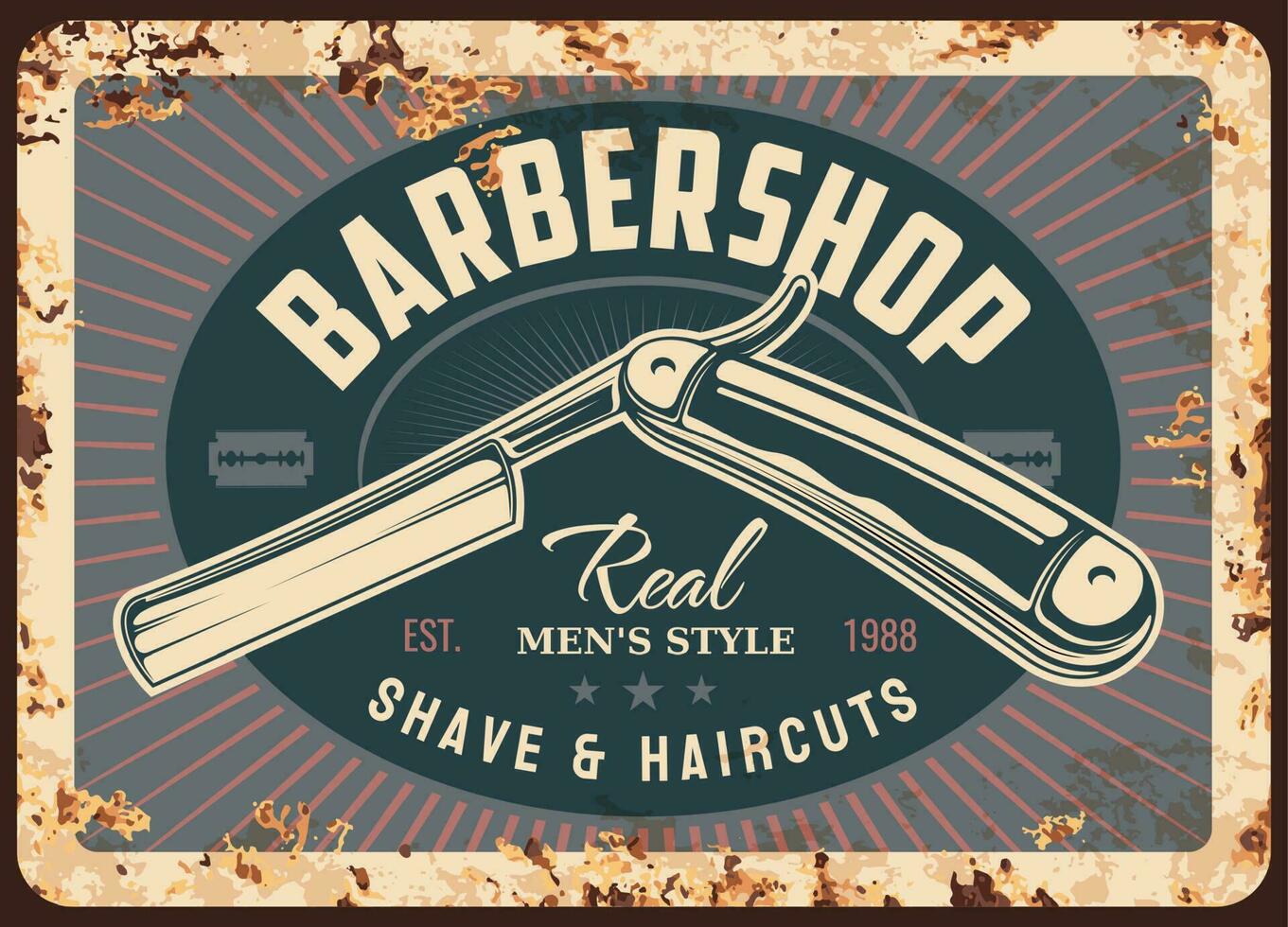 Barbero tienda metal oxidado lámina, barbería maquinilla de afeitar vector