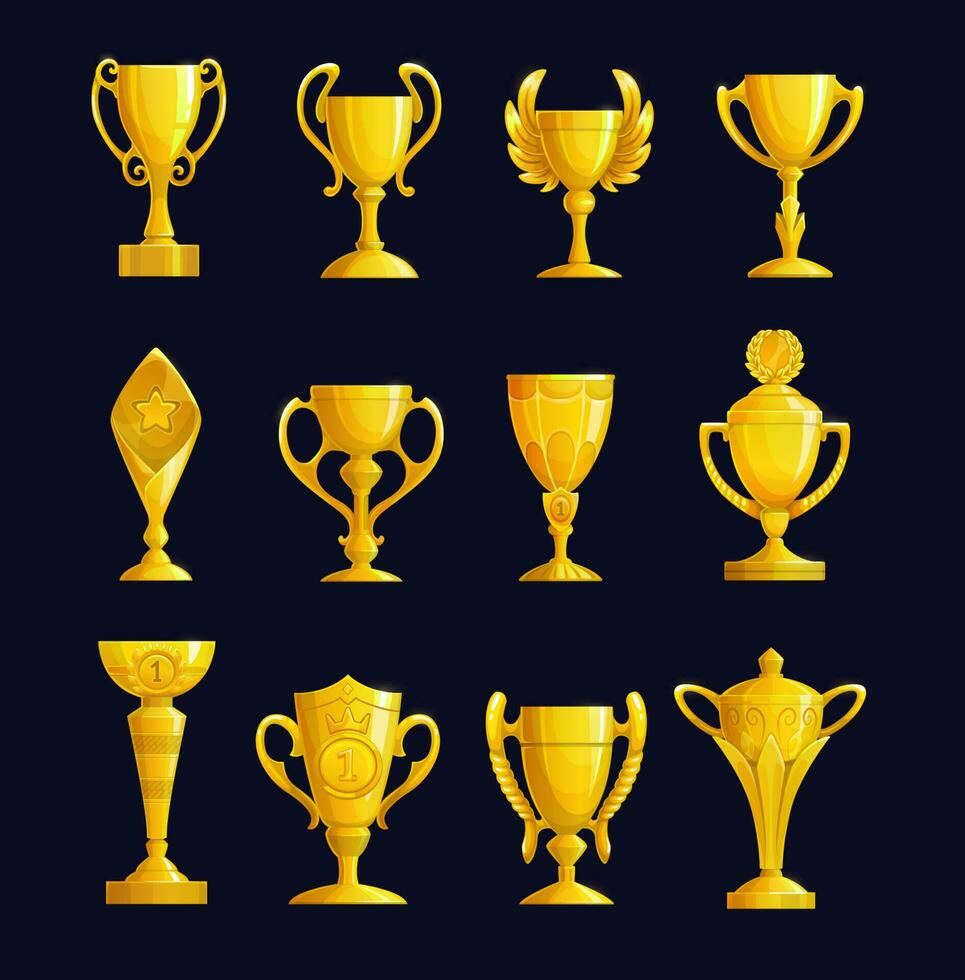 Golden cups, champion award cartoon vector icons