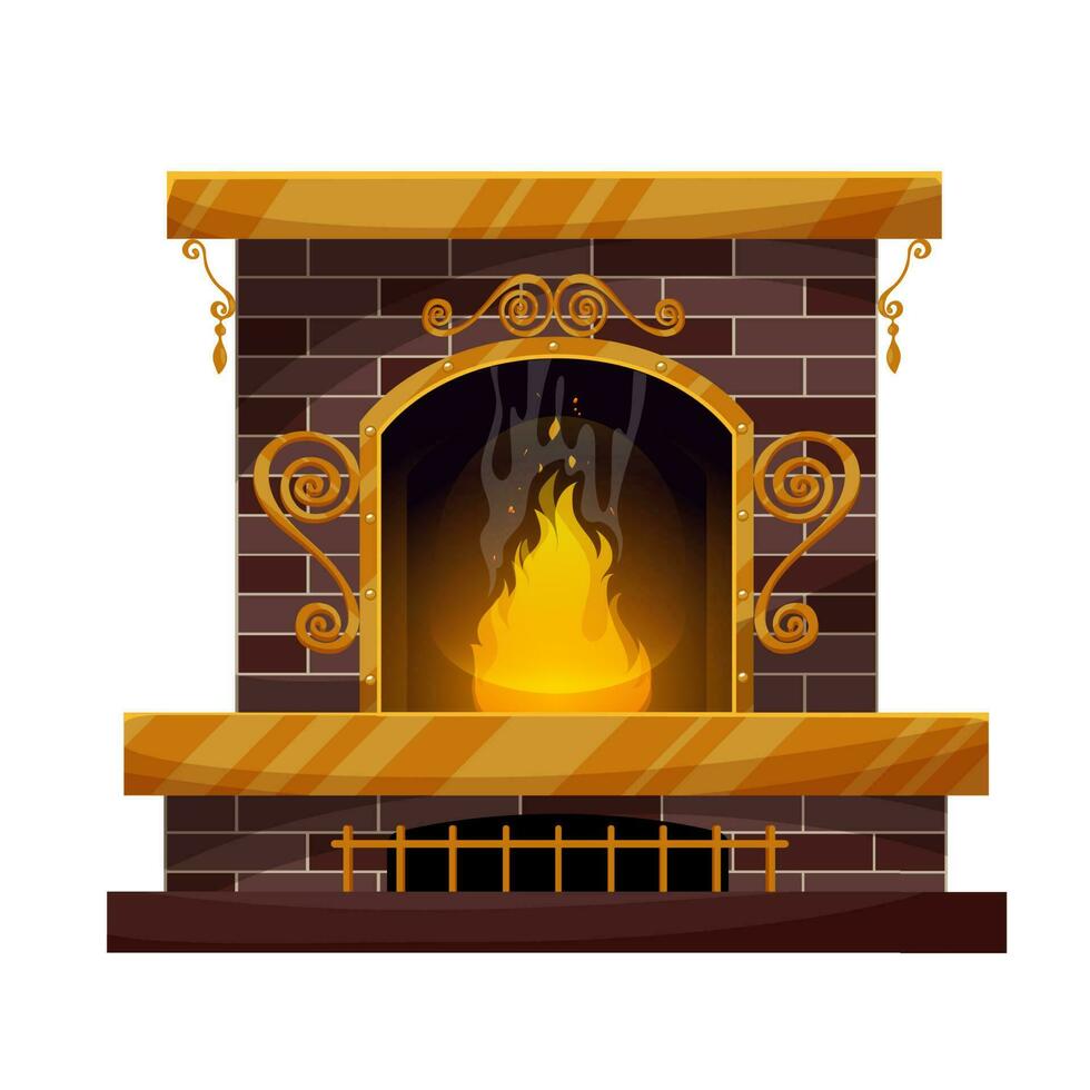 Home interior brick fireplace with burning fire vector