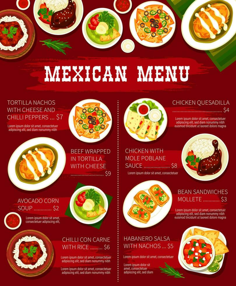 Mexican restaurant meals menu page vector template