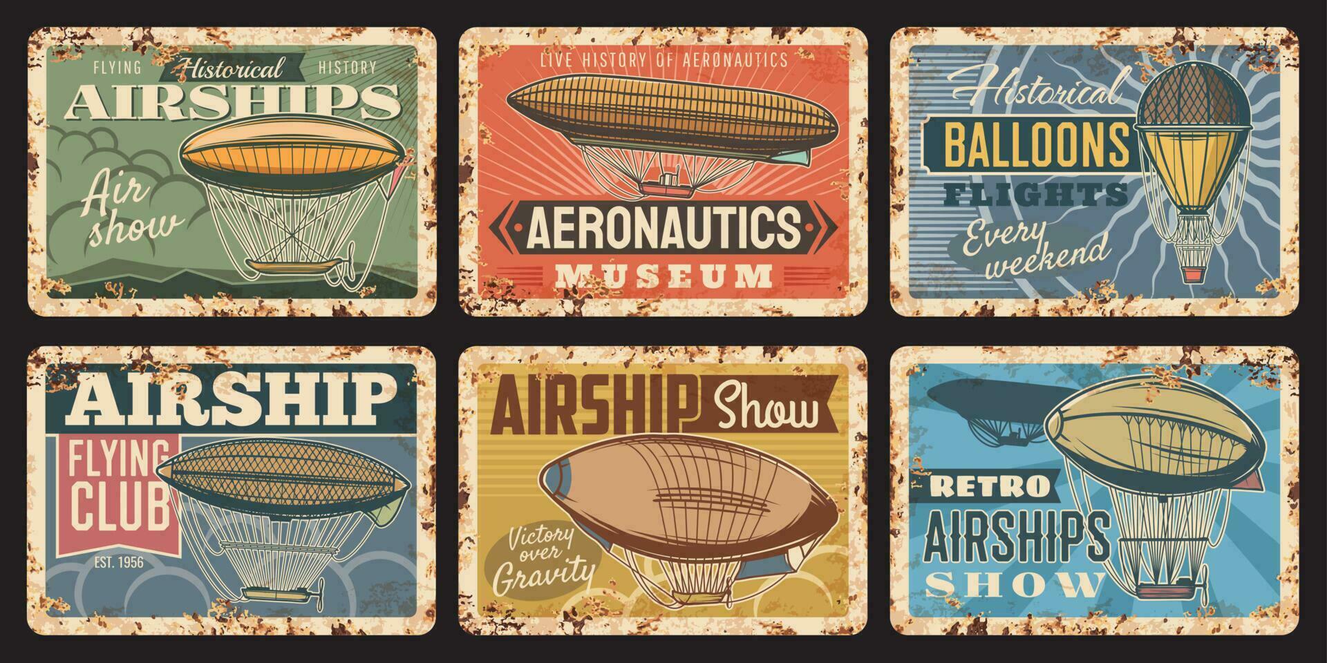 Airship and hot air balloon vintage plates vector