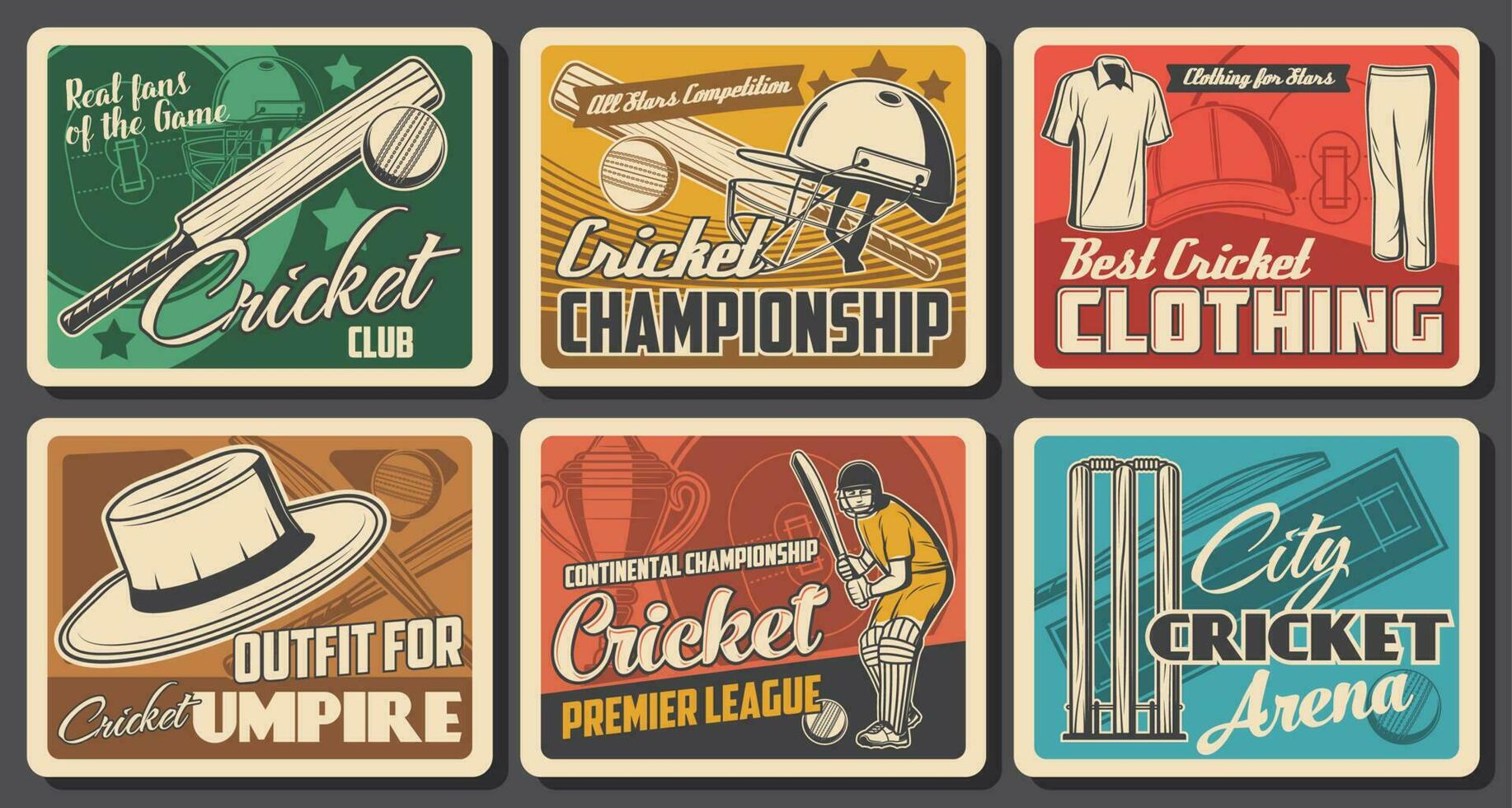 Cricket vintage posters, sport game balls and bats vector