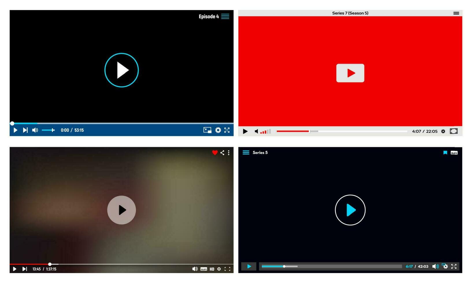 Video player, broadcast app interface frames vector