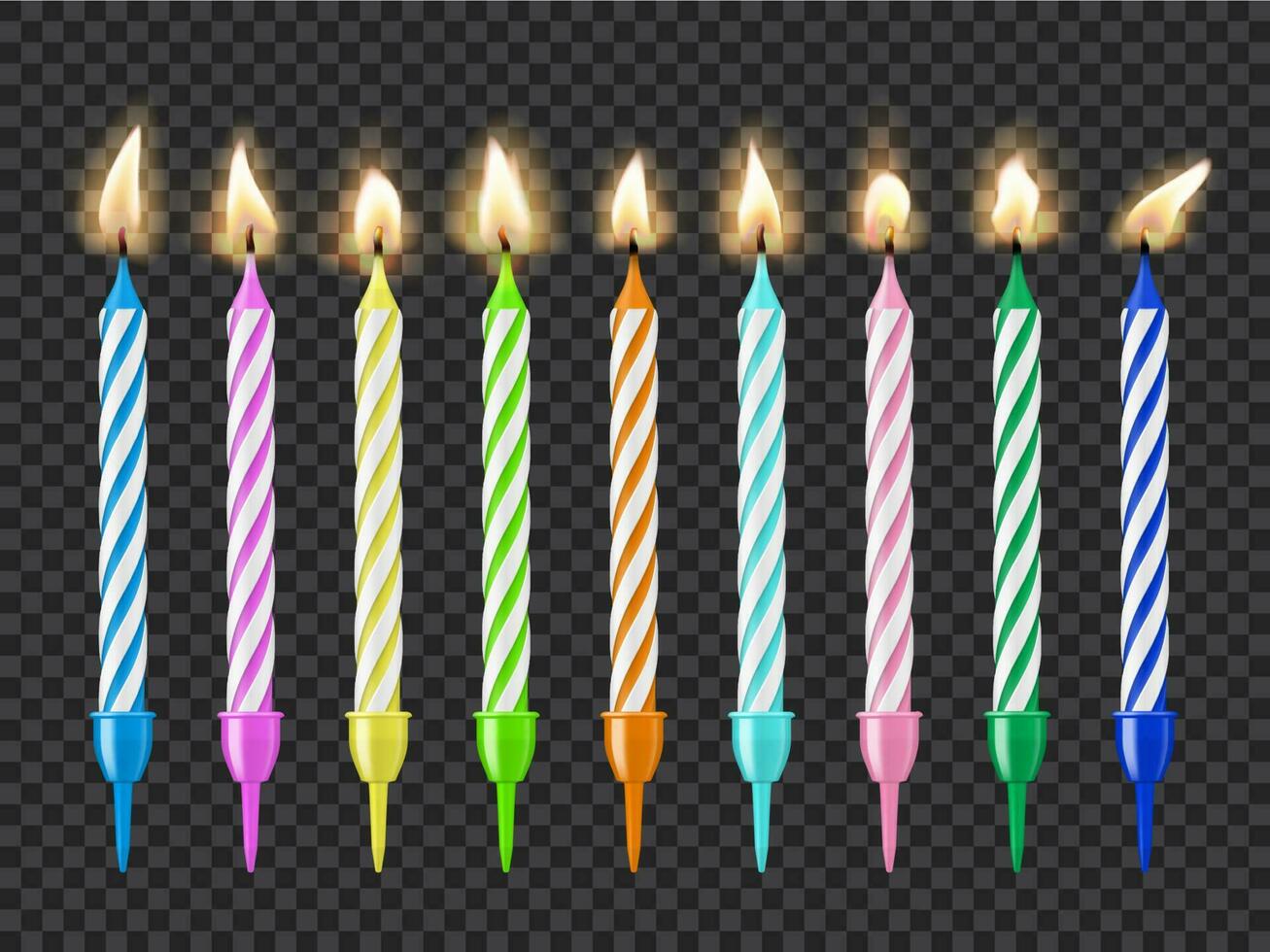 Birthday cake candles, candlelight fire flame set vector