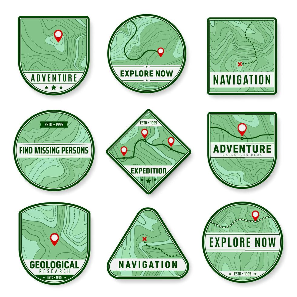 Topographic icons with relief map, navigation tags vector