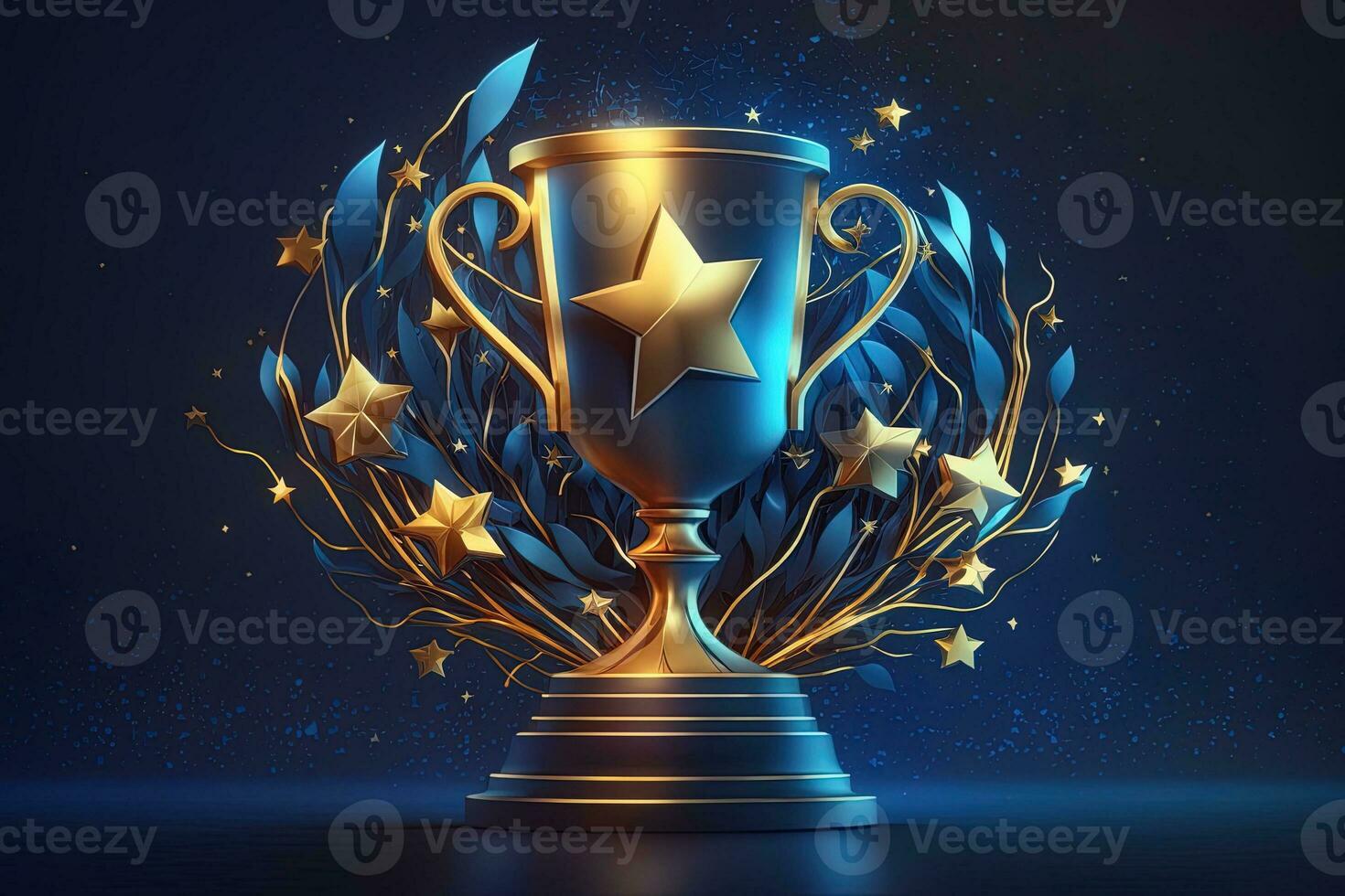 Champion golden trophy with gold stars on blue dark background. Generation AI. Concept of success and achievement. Gold glitters explosion. photo