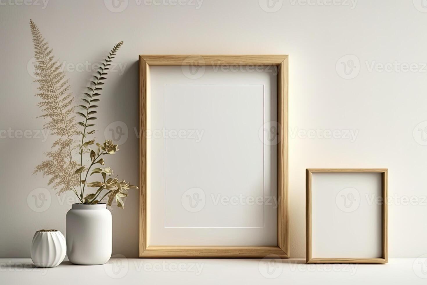 Blank picture frame mockup on wall in modern interior. Artwork template mock up in interior design. Wooden Picture Frame Mockup on White Wall Minimalist - photo