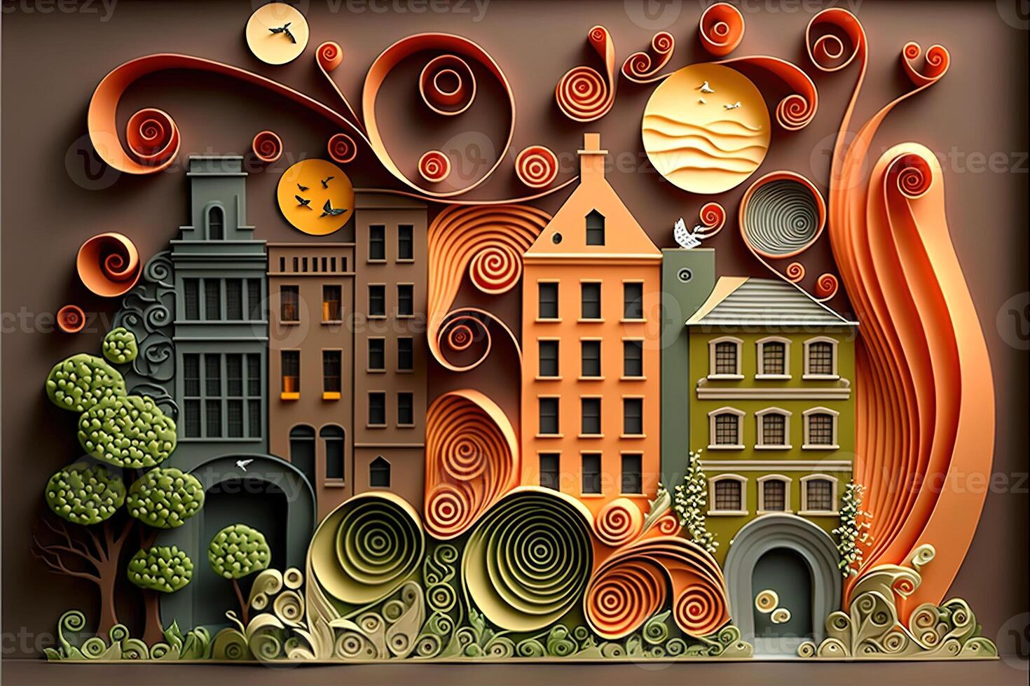 paper quilling style urban design. Multidimensional paper quilling craft illustration a small city. photo