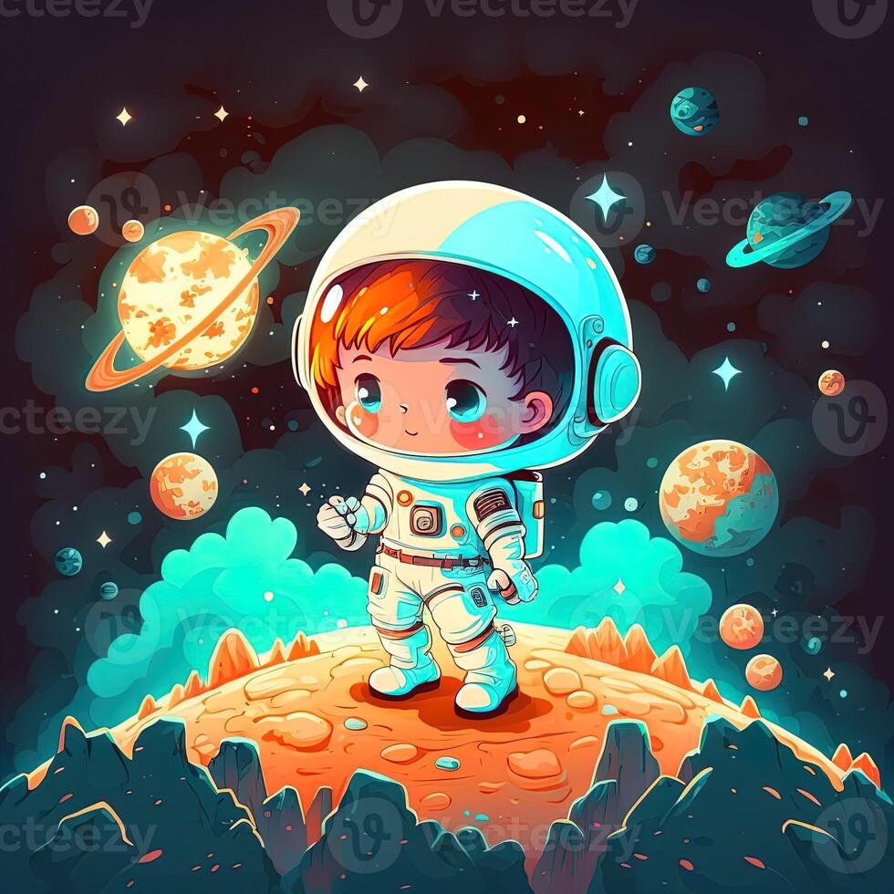 generativo ai adorable chico astronauta, en exterior espacio, en pie en un planeta, brillante vistoso asteroides y galaxias, luz de la luna brillante abajo, chibi estilo. emblema para espacio viajar, tecnología, monería foto