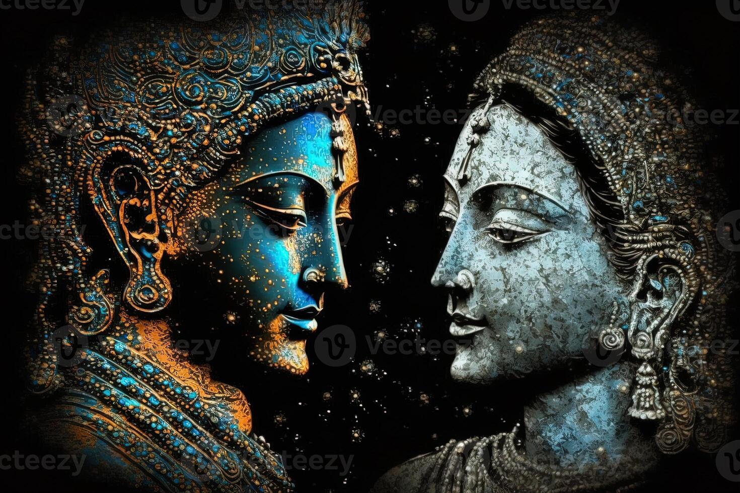 Radha krishna in love medium shot photography portrait of cosmic galactic . symbol of Devine Love. Art Print For Home Decor hindu couple on abstract decorative background photo