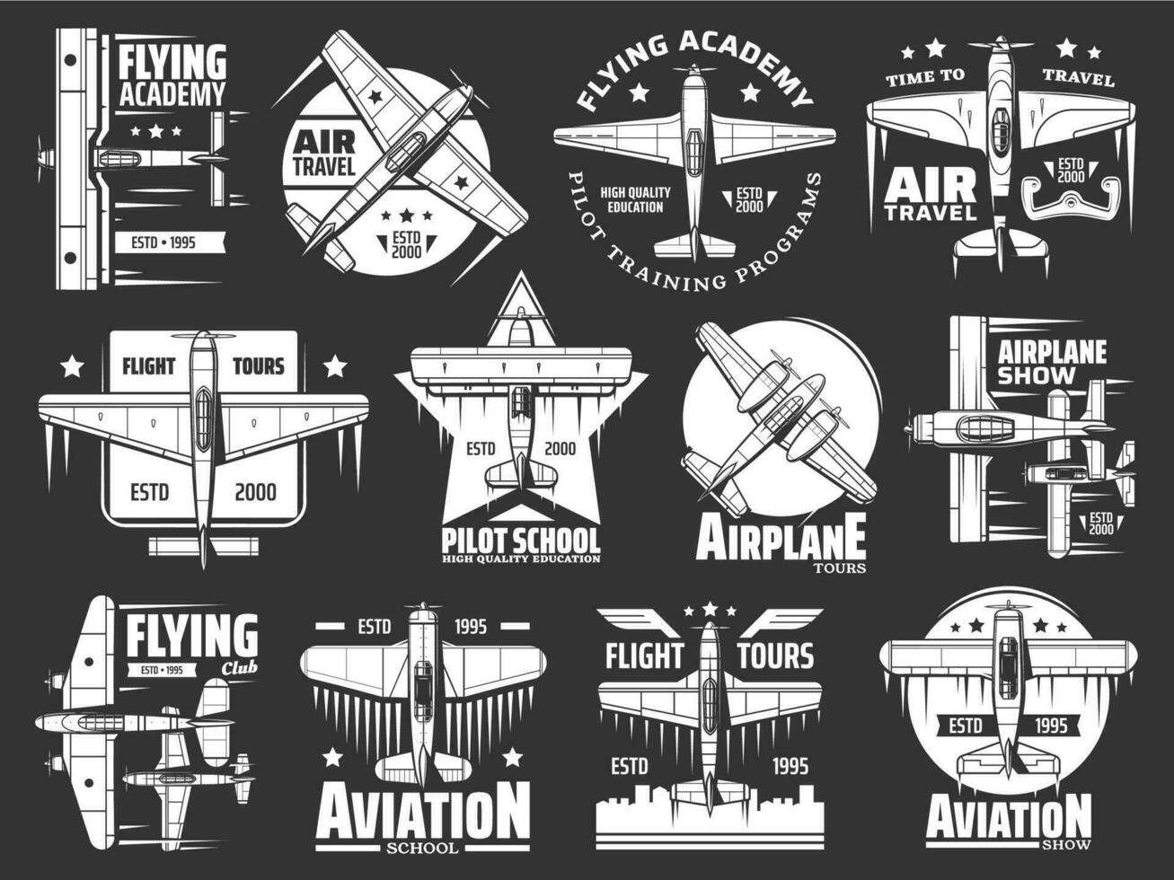 Aviation school and academy icons, airplane pilot vector