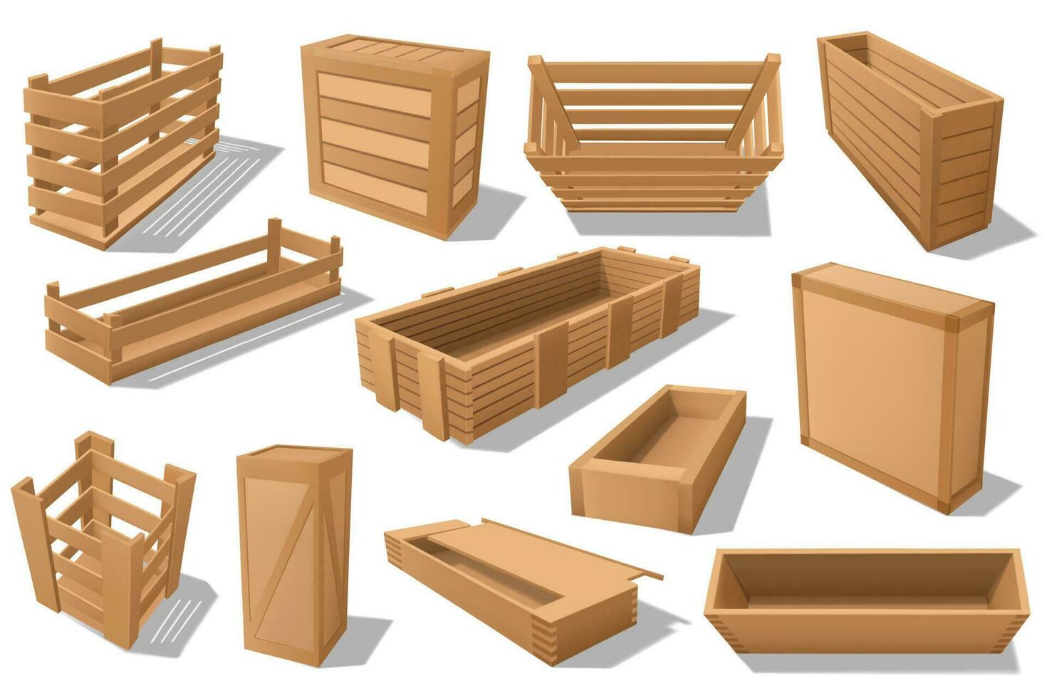 Wooden boxes, containers, crates and packages vector