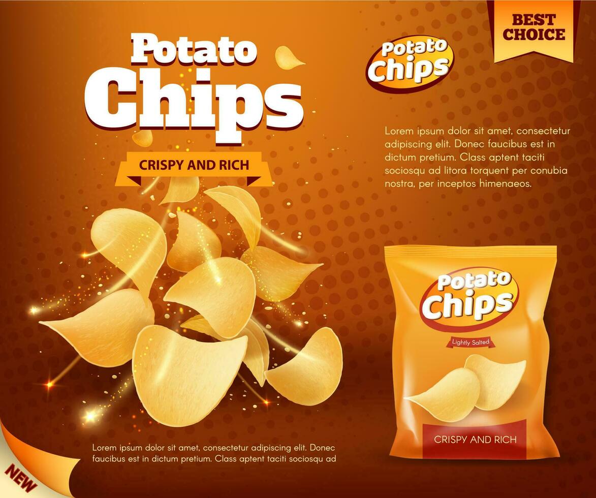 Potato crispy chips and foil bag advertising vector