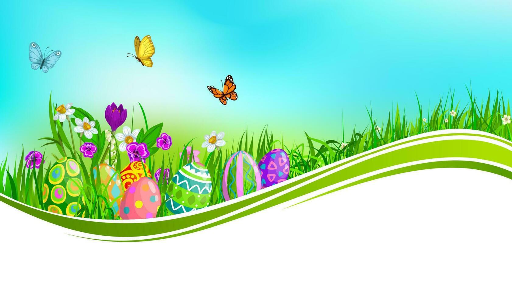 Pascua de Resurrección huevos con verde césped ola bandera vector