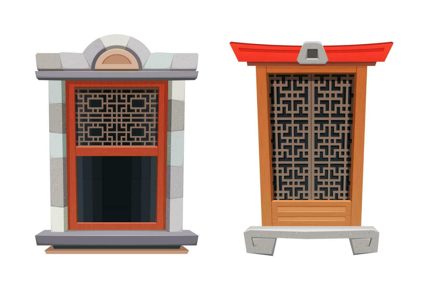 Chinese window of temple or fortress, architecture vector
