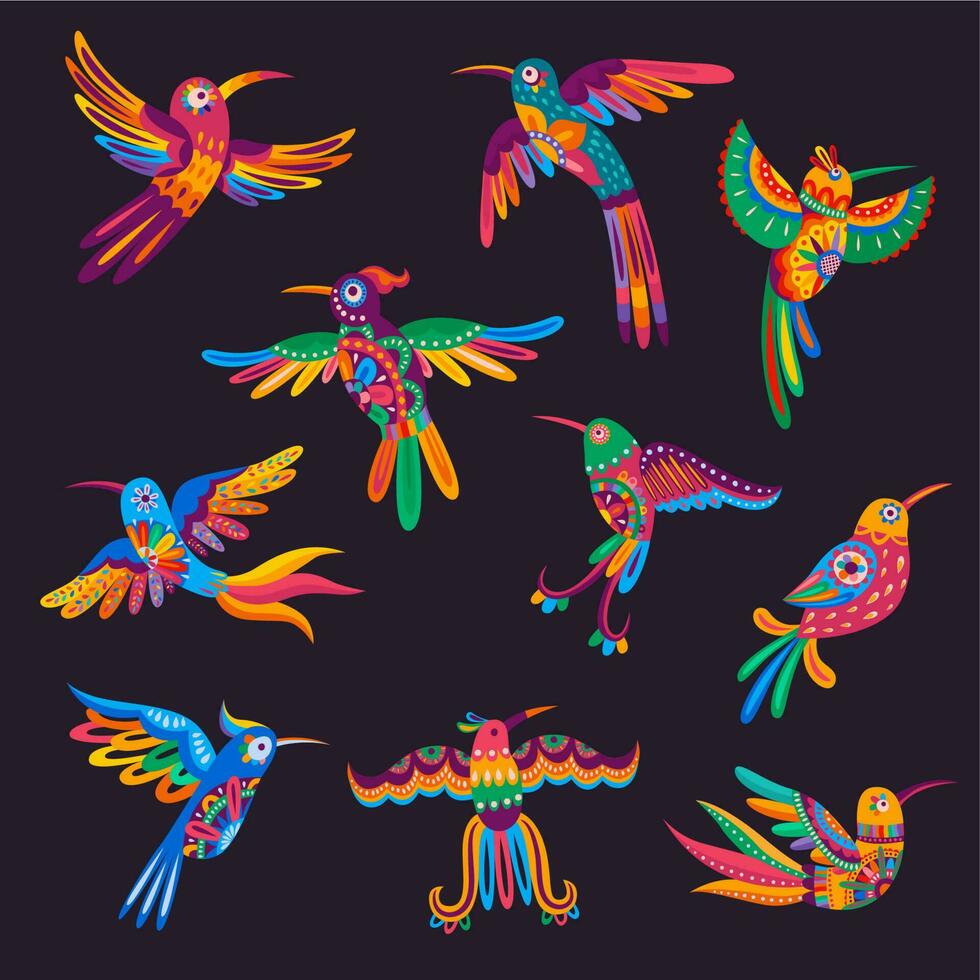 Mexican hummingbirds and parrots, alebrije birds vector