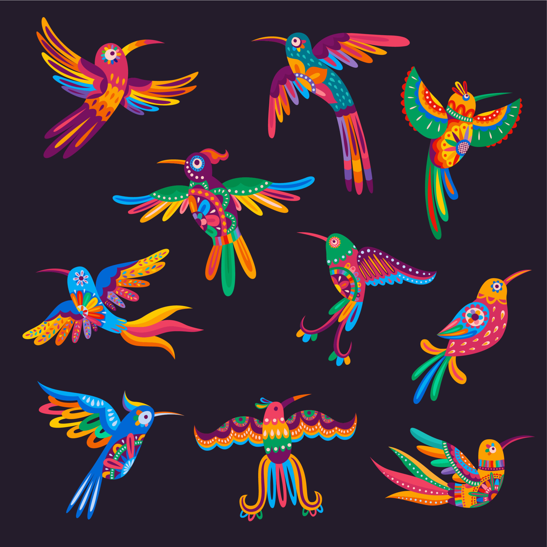 mexicano colibríes y loros, alebrije aves 23486428 Vector en Vecteezy