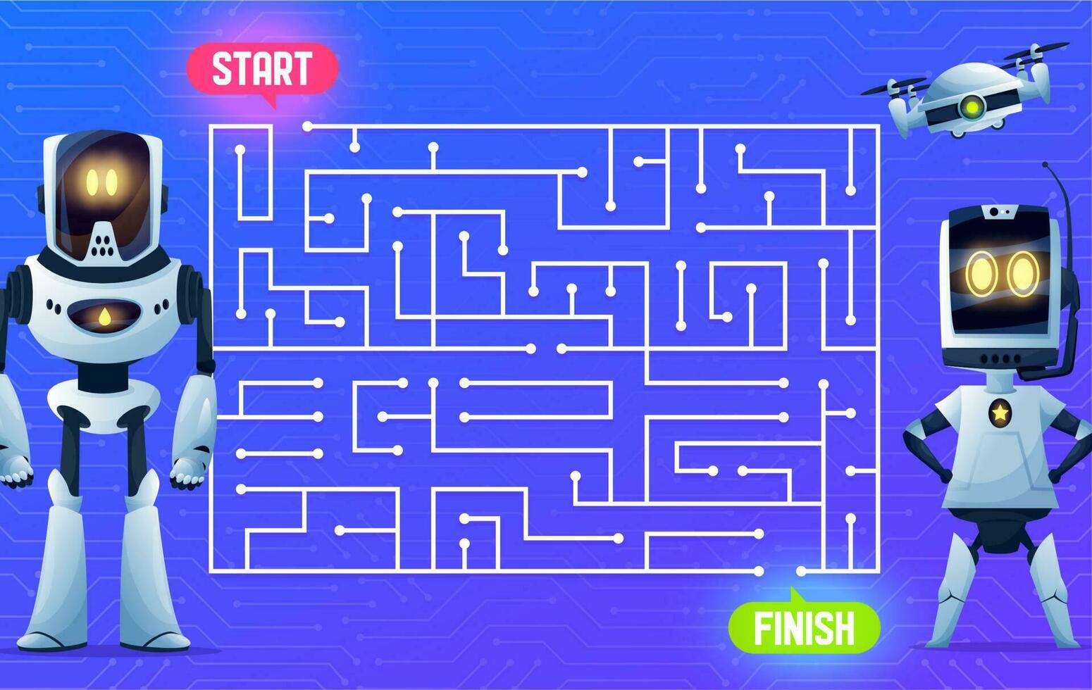 Labyrinth maze board game, robots on motherboard vector