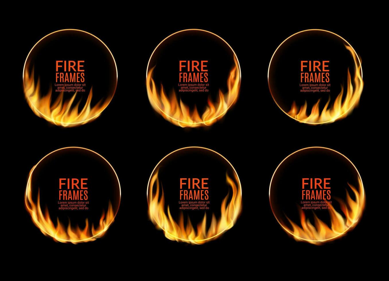 Round circus frames with fire flames, circle rings vector