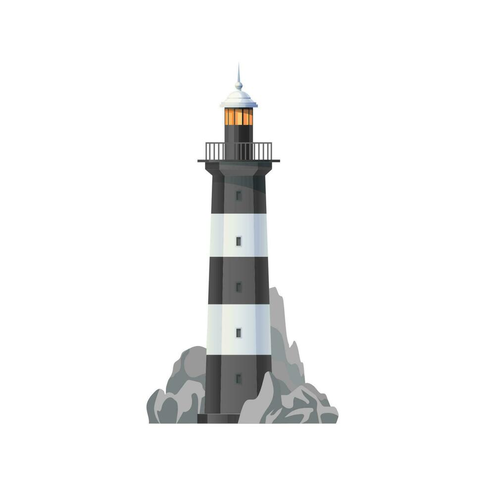 Sea lighthouse on shore with rocks vector icon