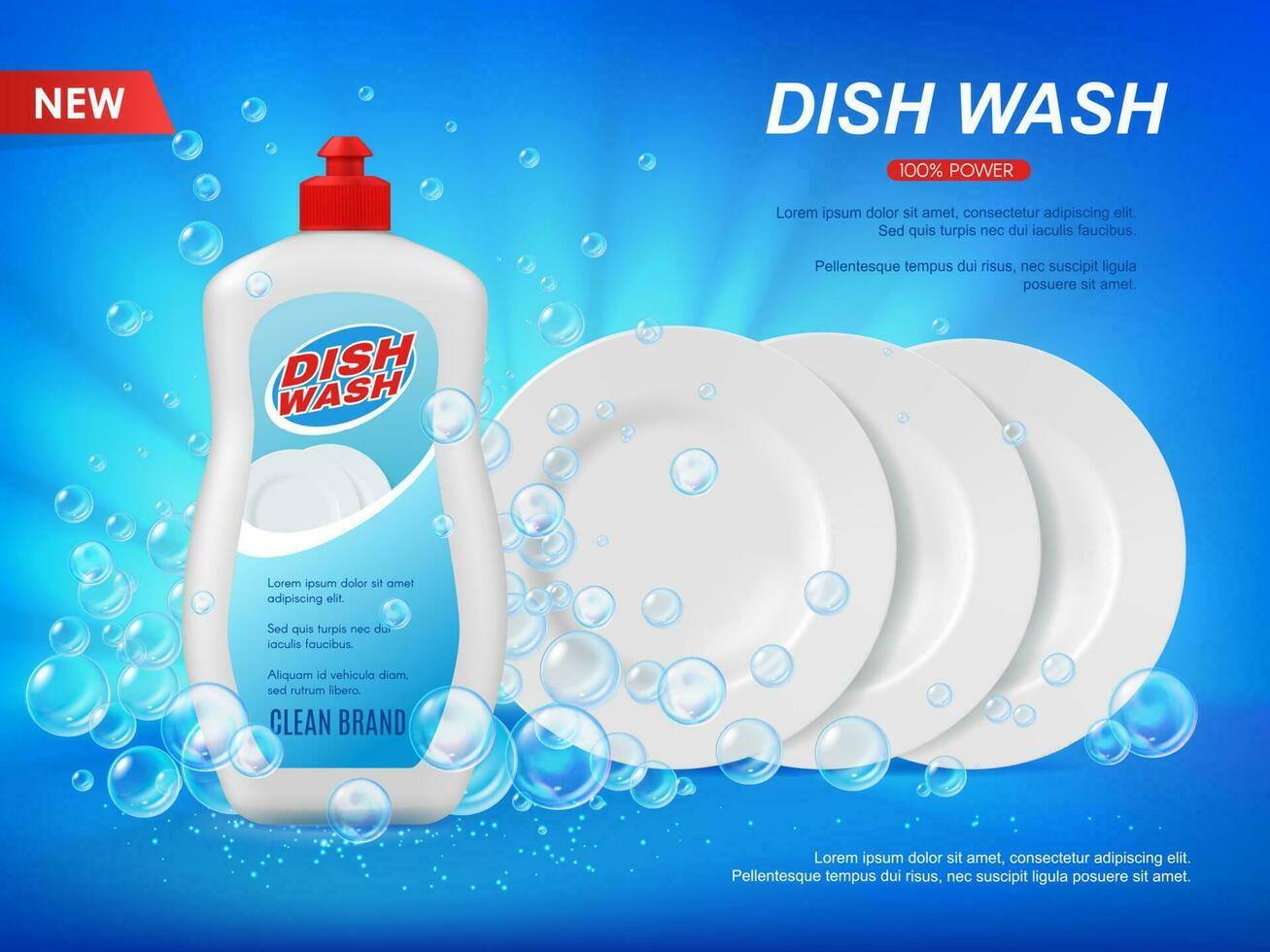 Detergent dishware cleaner with plates and bubbles vector