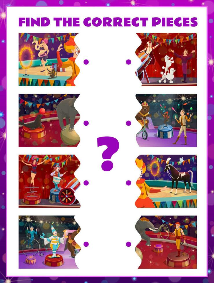 Find correct pieces of circus characters kids game vector