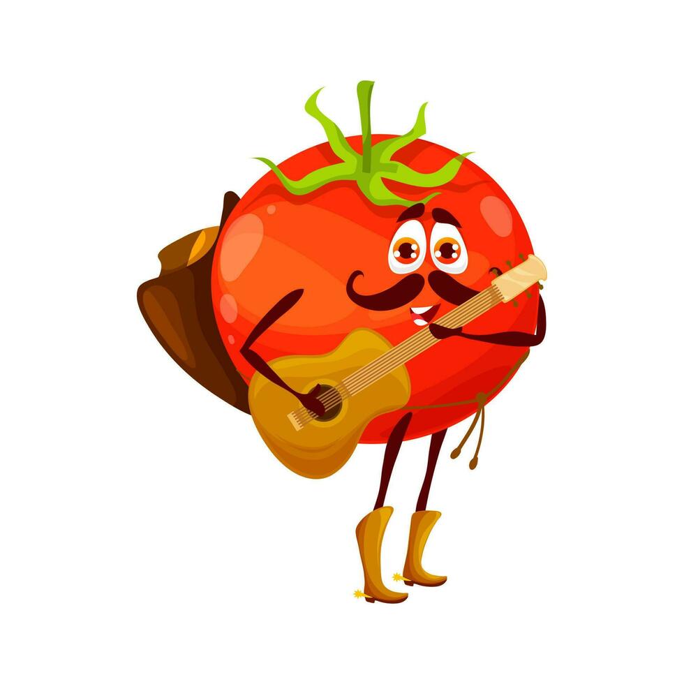 Cartoon funny cowboy sheriff tomato playing guitar vector