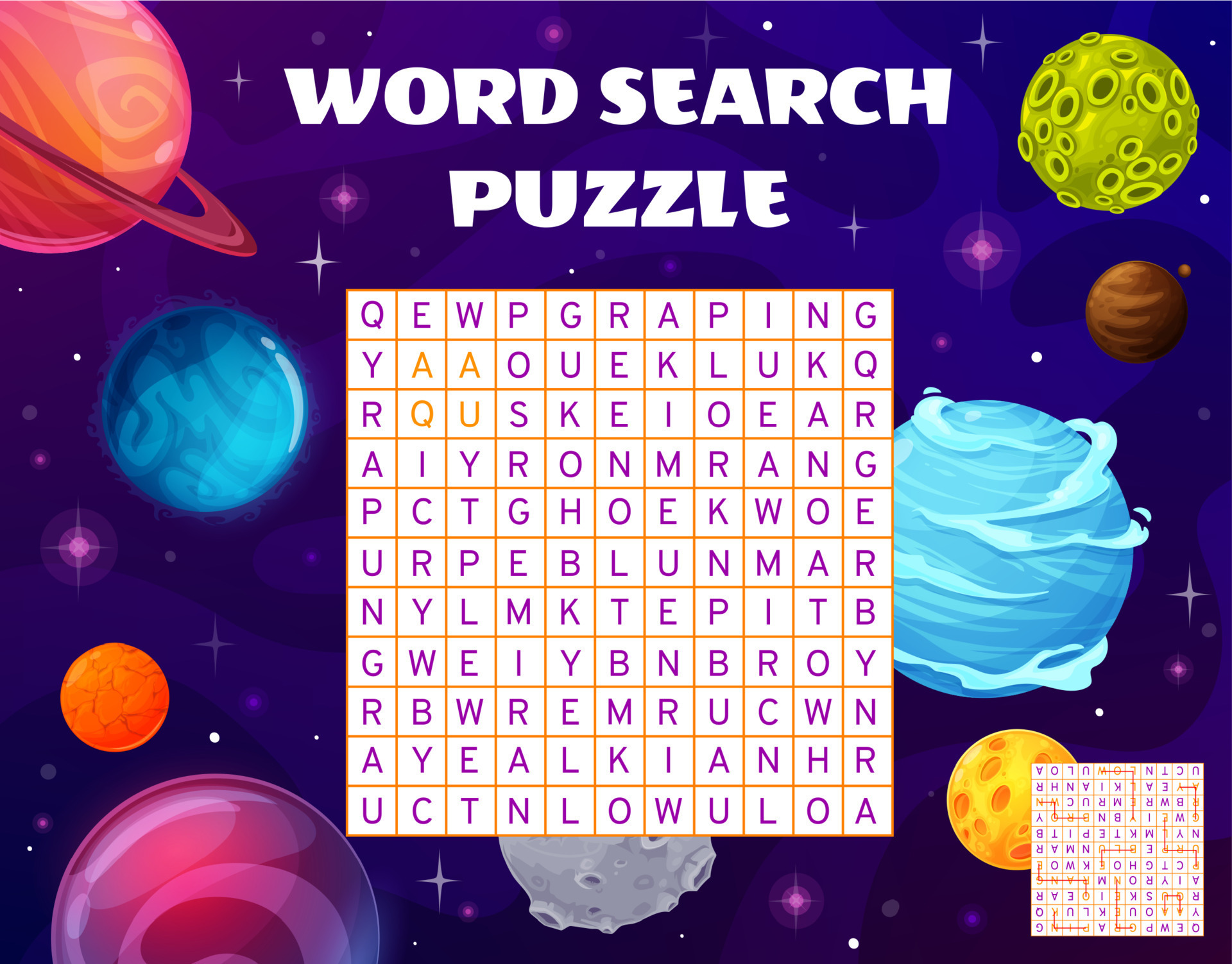 Find a color of space planets word search puzzle 23486470 Vector Art at