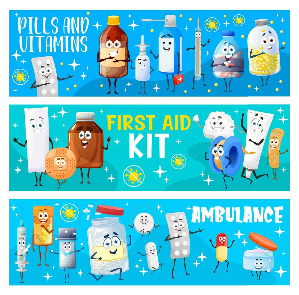 First aid kit, pills vitamins cartoon characters vector