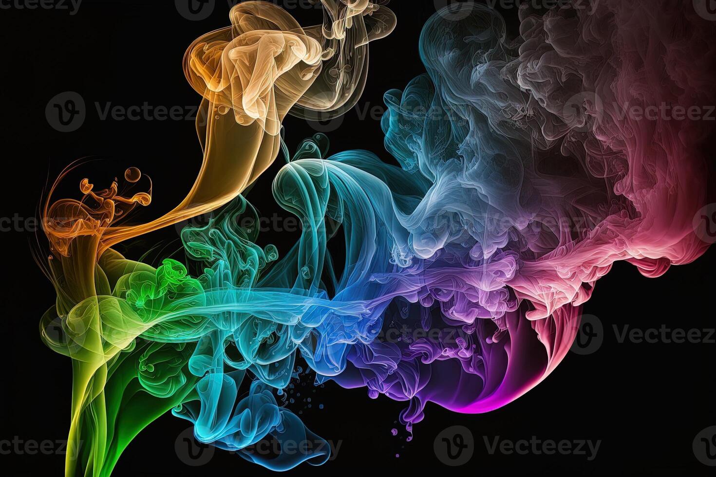 a colorful smoke cloud is shown in this image, it looks like it is floating in the air and is very dark and blue and yellow, with a black background. photo