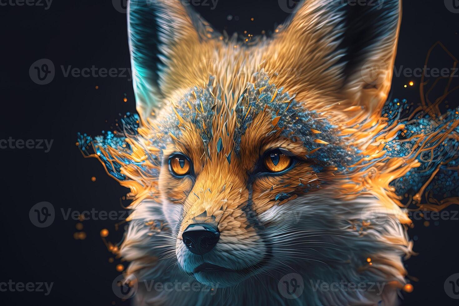 Fantasy Raster Image of Fox Face with Golden Spot, Animal face in the depths of galaxies and stars fox photo