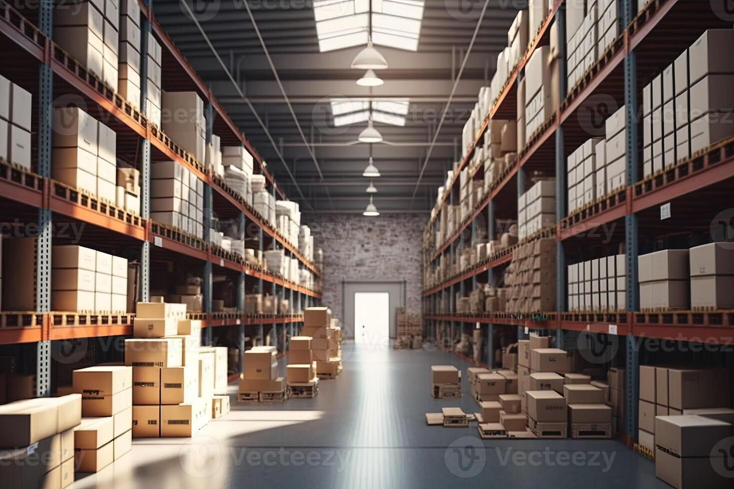 un grande limpiar almacén con estantes, cartón cajas y productos,  generativo ai. interior de un industrial almacén con muchos estantería con  amarillo y blanco caja embalaje. 23486521 Foto de stock en Vecteezy