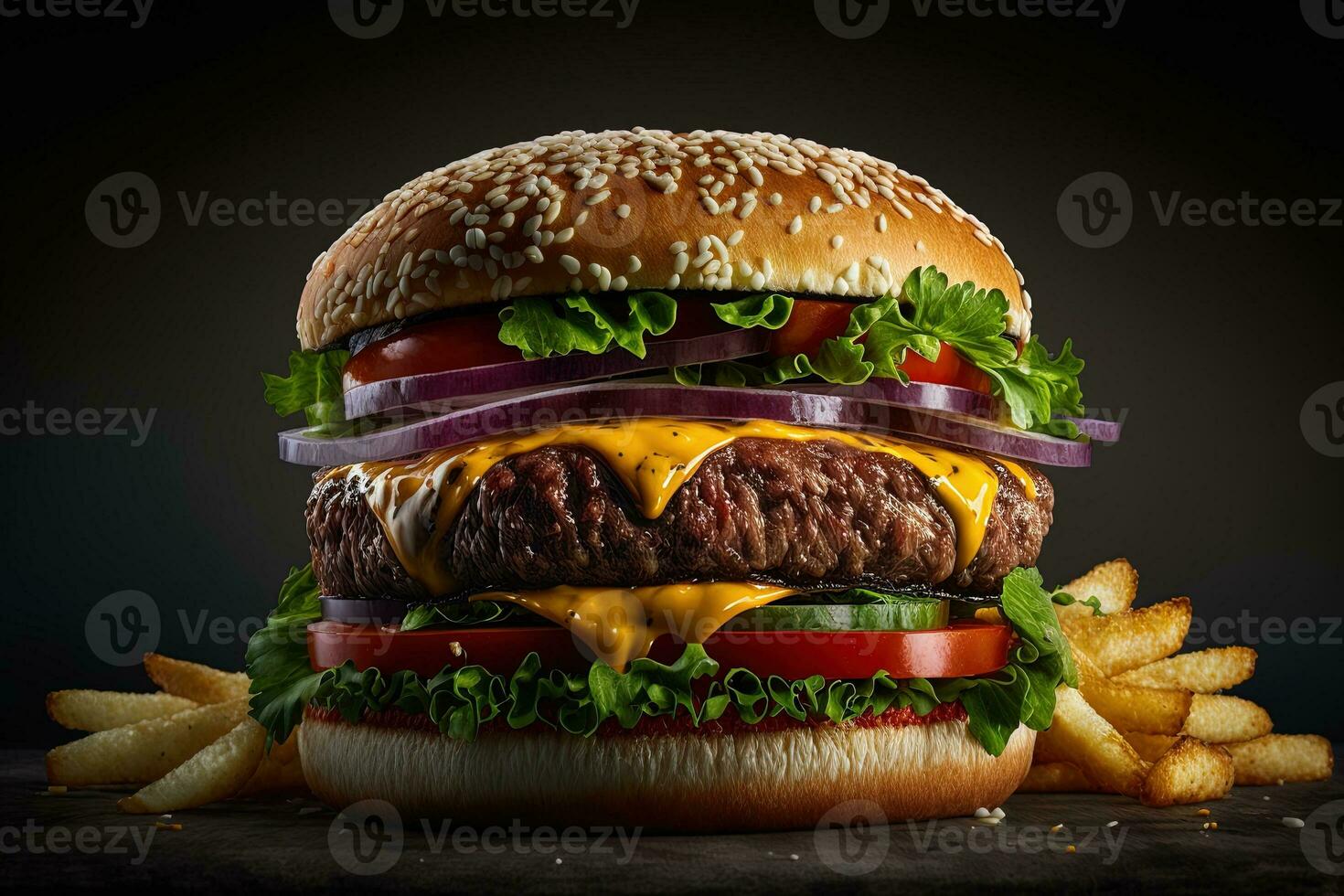 Close-up of a juicy burger with fries, it look very delicious. Big sandwich - hamburger with juicy beef burger, cheese, tomato, and red onion. photo