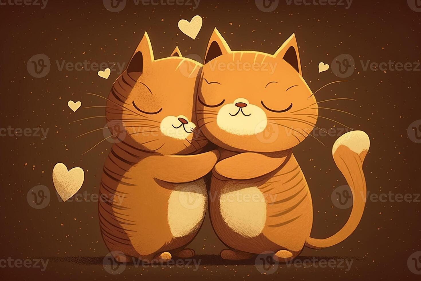 Cat love. Cat couple hugging, cuddling and kissing. Two cute cat kittens in love holding red heart on Valentines Day. photo