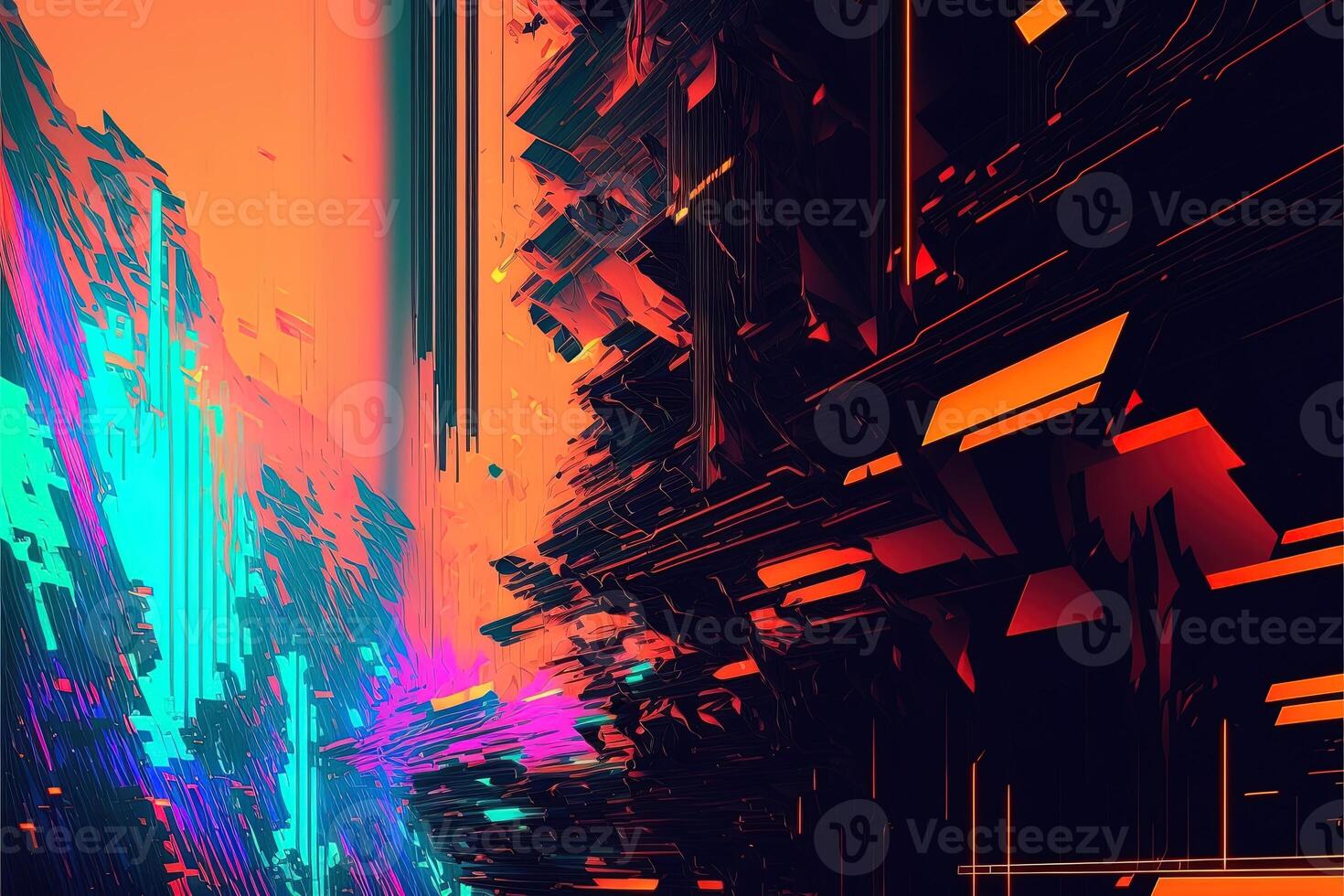 Abstract background with interlaced digital glitch and distortion effect. Futuristic cyberpunk design. Retro futurism, web punk, rave 80s 90s cyberpunk aesthetic techno neon colors. photo